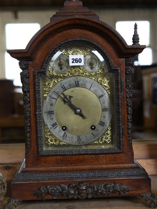 Late Victorian oak brass dial mantel clock